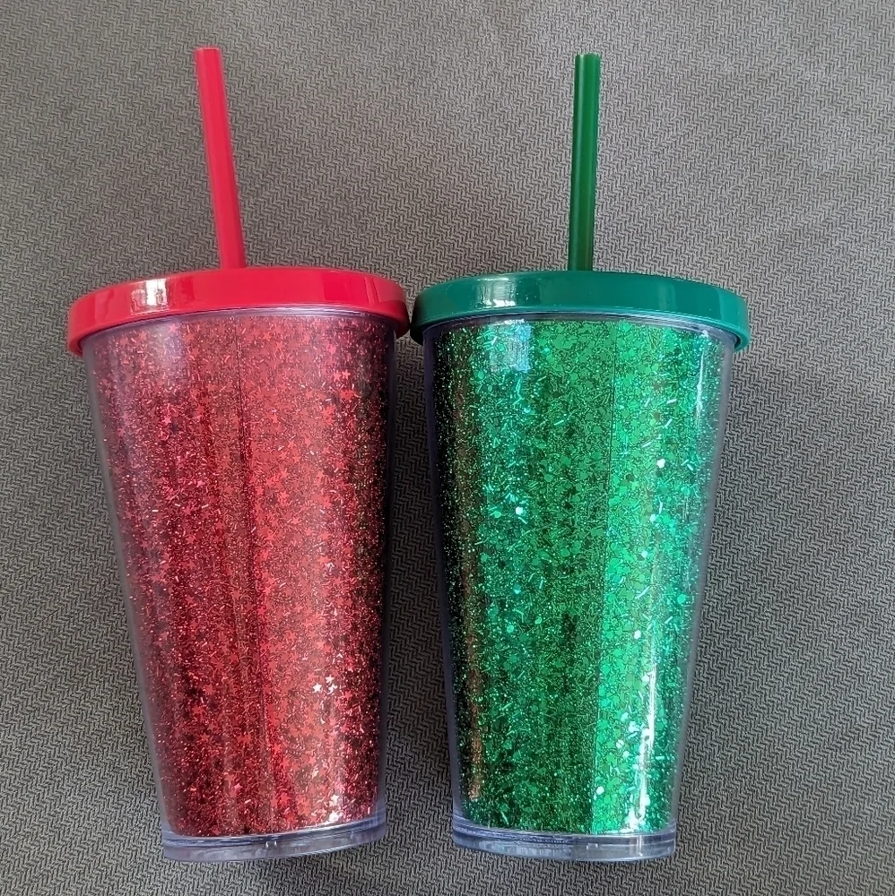Starbucks Holiday Glitter 16 oz Tumblers SET OF 2 Red Green